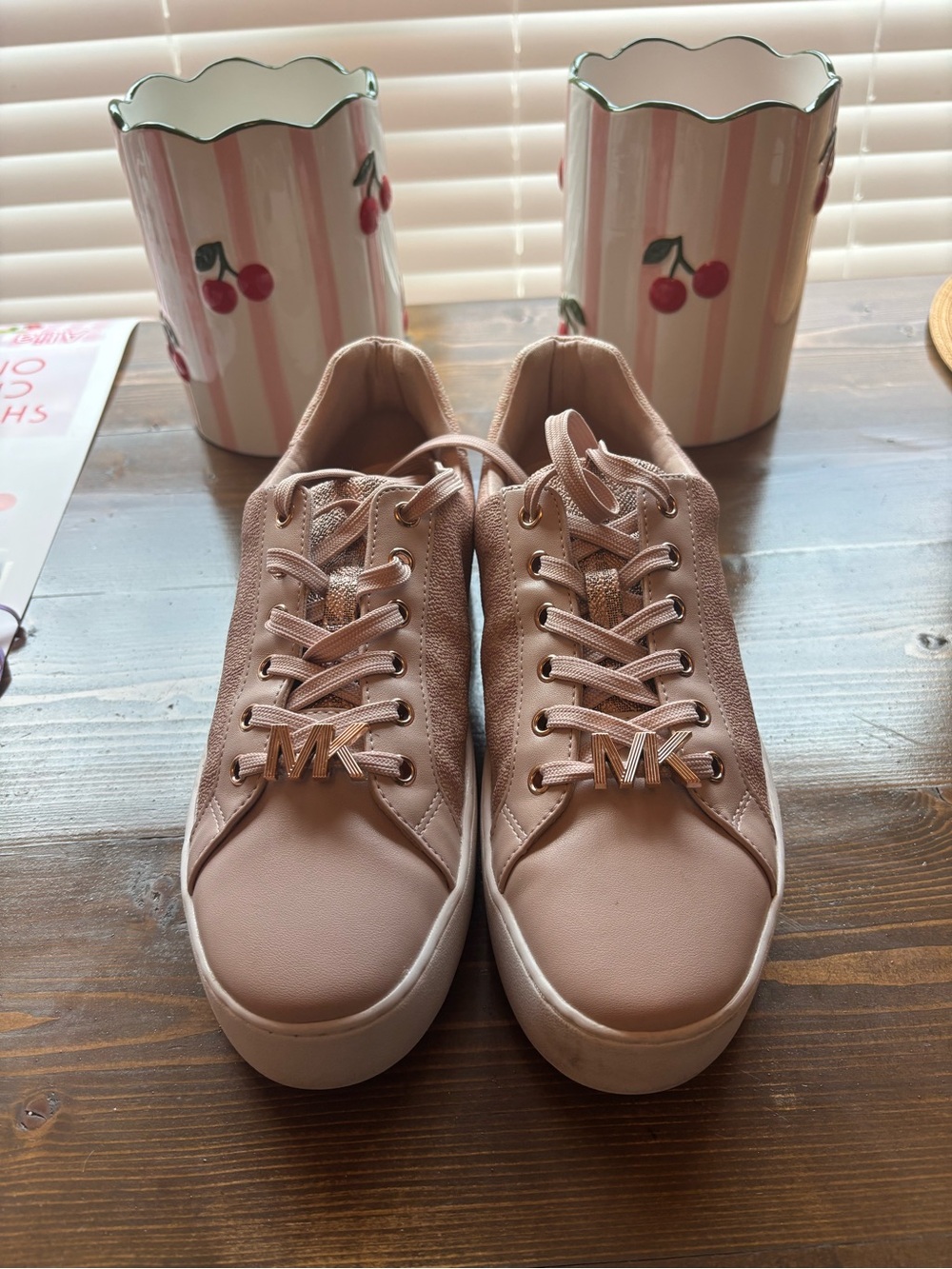 Michael Kors Rose Pink Leather Low-Top Sneakers with Gold MK Charm